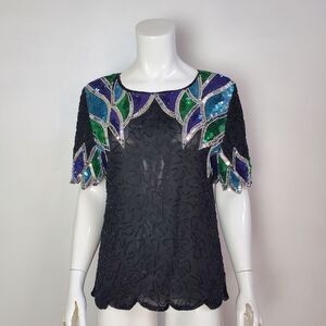Vintage 80s Black Silk Beaded Blouse